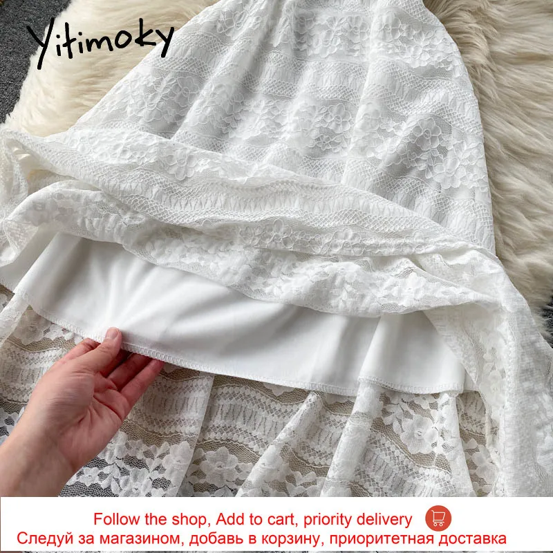 

Yitimoky Elegant Lace High Waist Dresses Women Short Sleeve V-Neck A-Line Solid White Clothing 2021 Summer Korean Fashion New