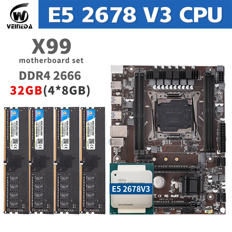 Комплект материнской платы VEINEDA X99 с процессором Xeon E5 2678 V3 LGA2011-3 4 шт. X 16 ГБ = 64 2666 МГц