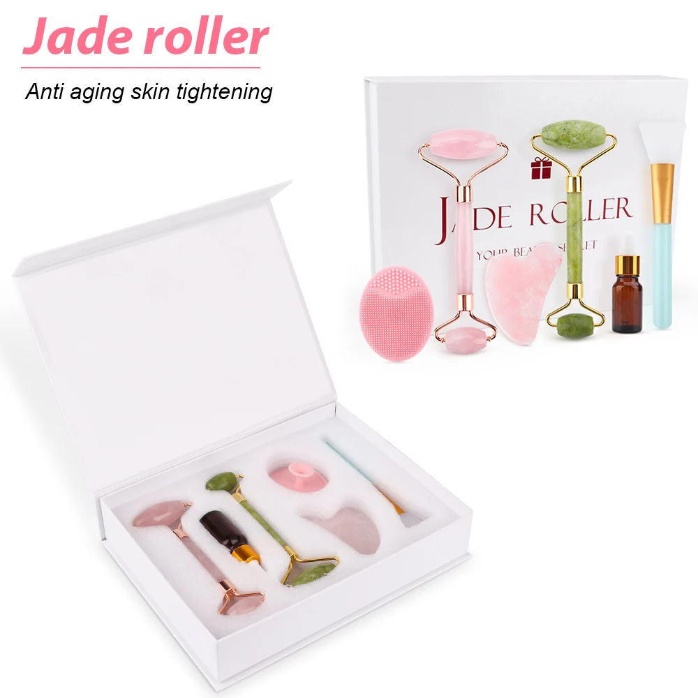 

Face Lift Massager Set Crystal Roller Facial Massage Relaxation Jade Roller Stone Natural Rose Quartz Beauty Skin Tool Girl Gift