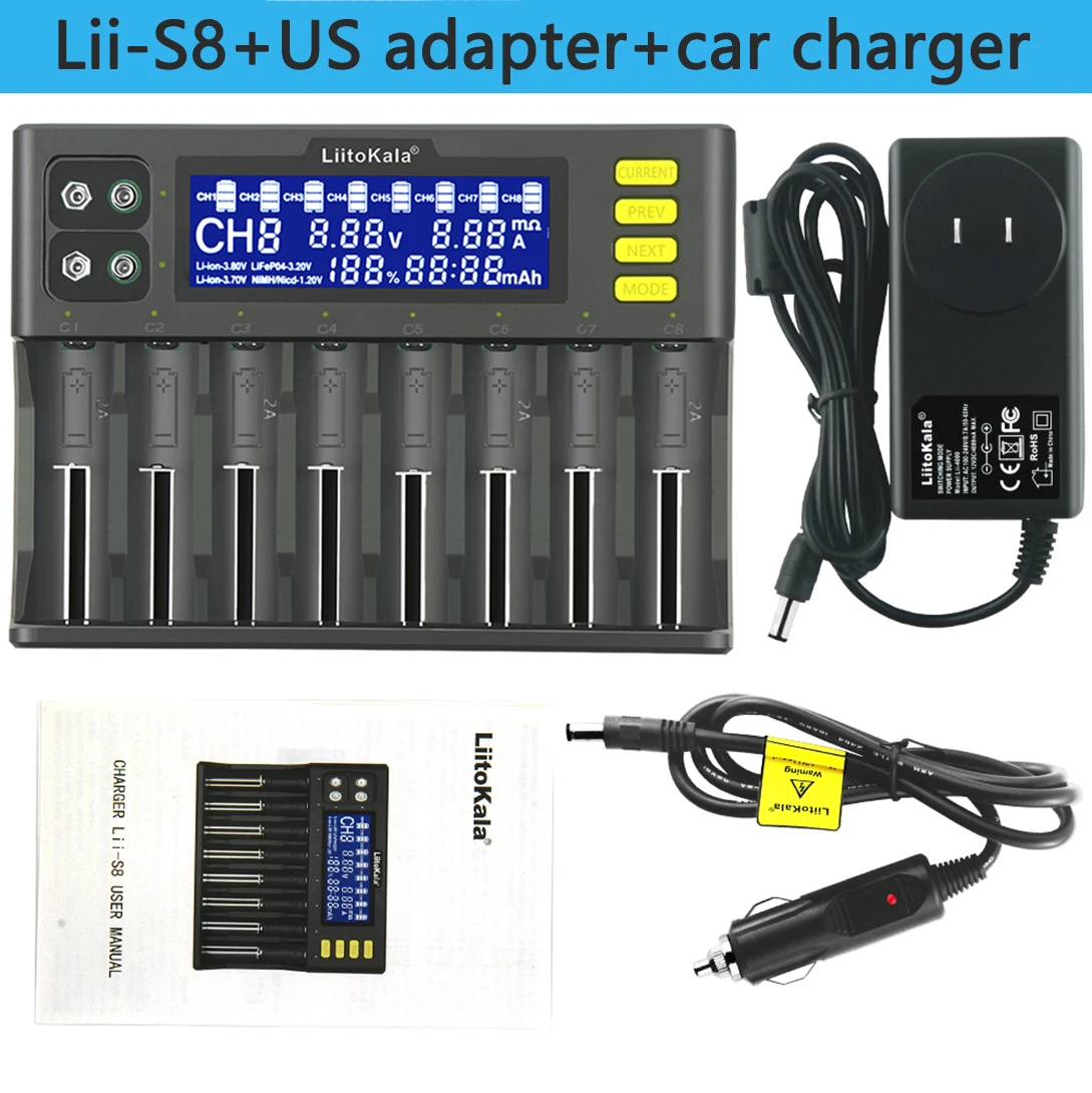 

LiitoKala Lii-S8 18650 26650 21700 9V LCD Battery Charger + 18650 3400mAh NCR18650B + 18650 3000mah HG2