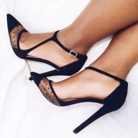 sexy black polka dots mesh high heel pumps pointy toe ankle strap patchwork dress shoes stiletto heels party wedding shoes