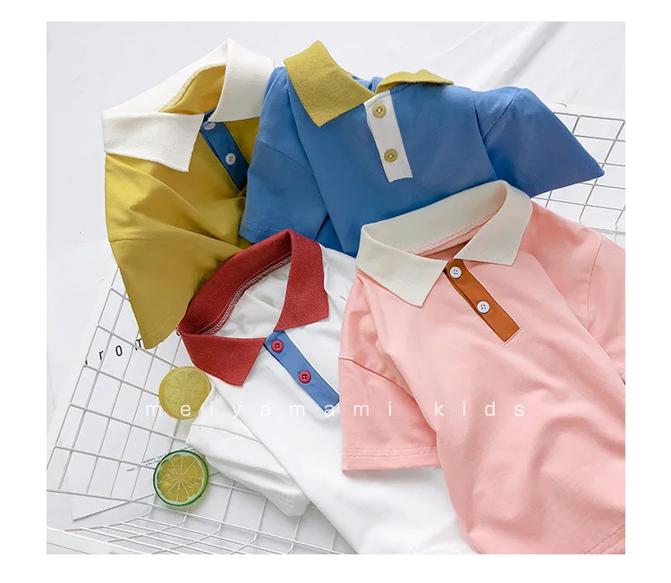 Baby boys cotton turn-down collar short sleeve T shirts Summer fashion contrast color pullovers |