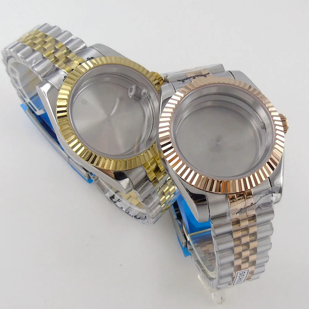 

36mm Gold Plated Watch Case Fit For NH35 NH36 Miyota 8215 DG 2813 Coin Bezel Jubilee Bracelet Sapphire Glass Steel/Glass Back