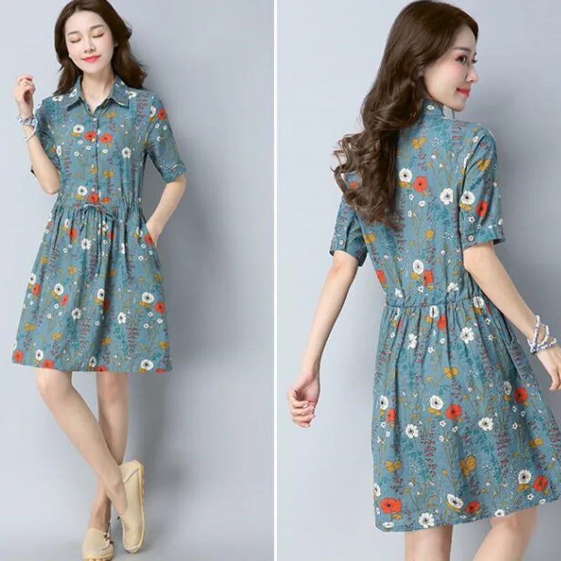 Летнее Плиссированное Платье #0305 из хлопка и льна с цветочным принтом для женщин