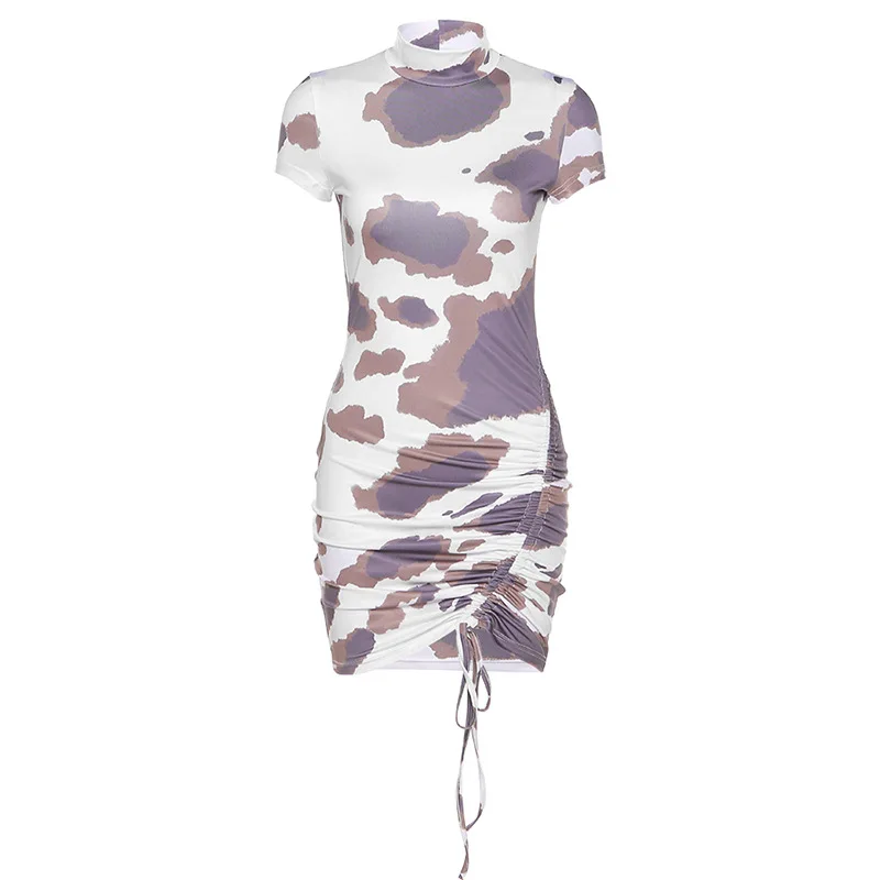 

2021 ladies dress fashion style women's sexy bag hip cow print printing and dyeing drawstring slim dress
