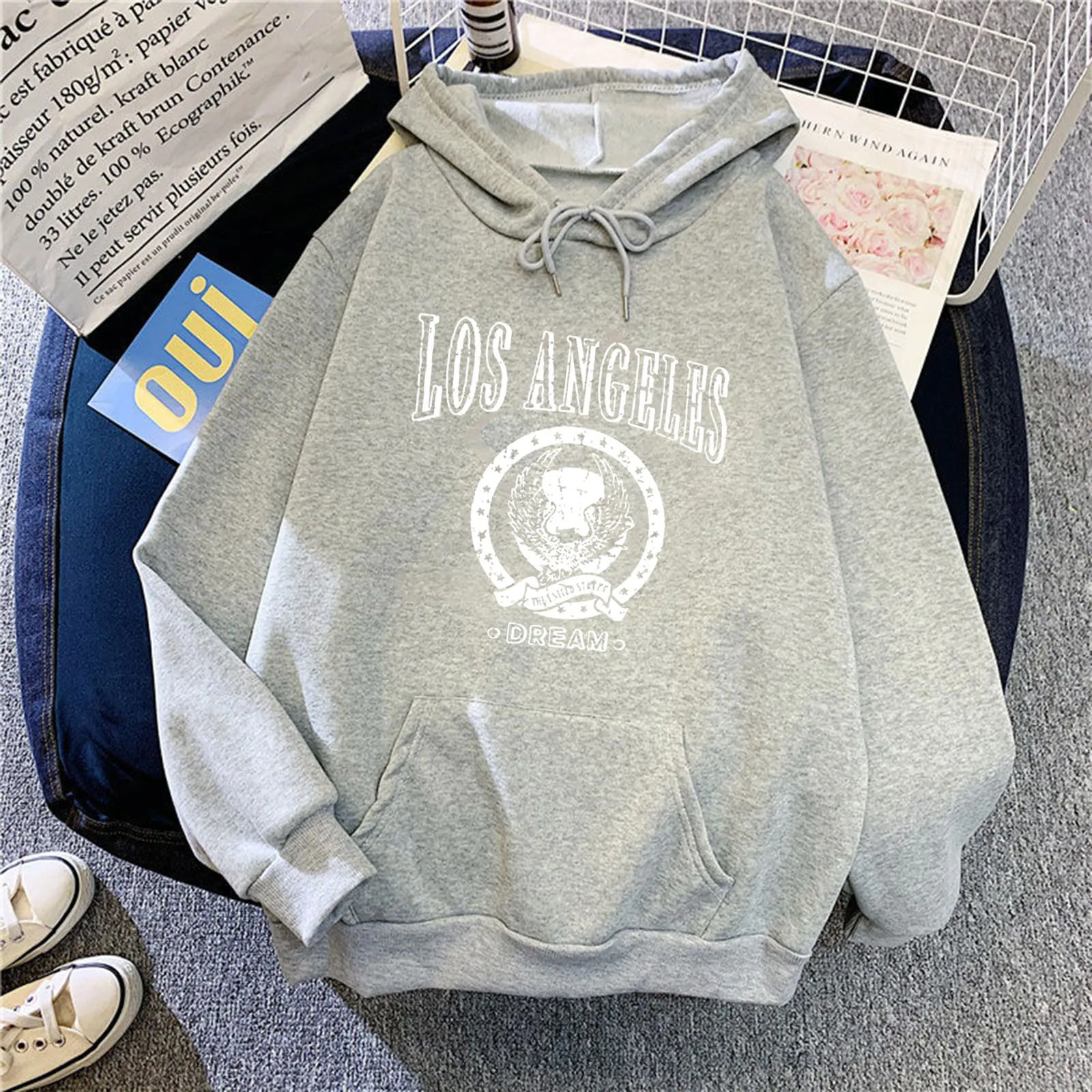 harajuku Korean Japanese Winter Shirt Women's LOS ANGELS Print Pockets Long-sleeved Sweatshirt  Casual Tops Pullover 5Color топ