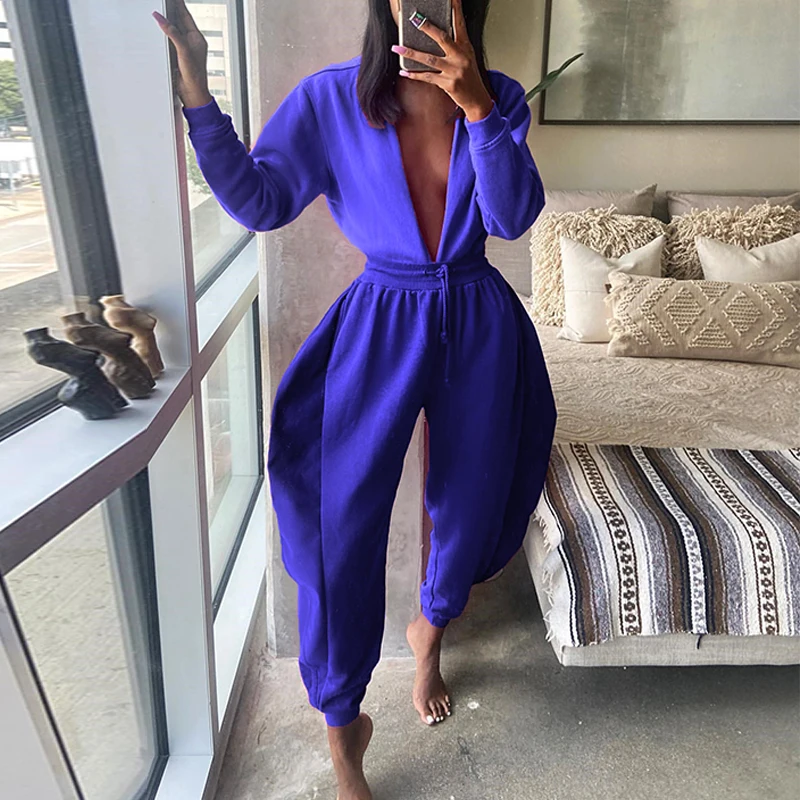 

Sexy Solid Color Long Sleeve Deep V-neck Jumpsuit Lace Up Wide Leg One Piece Romper