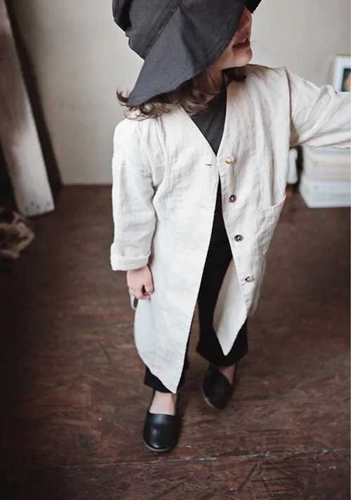 Korean Style Autumn New Children Windbreaker Outerwear Cotton Linen Girls Long Jackets Kids Clothes Pure Color Robe Coats | Детская