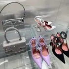 2021 г., новые летние туфли-лодочки с острым носком женская обувь на высоком каблуке Модные трендовые босоножки с ремешком на щиколотке Со стразы