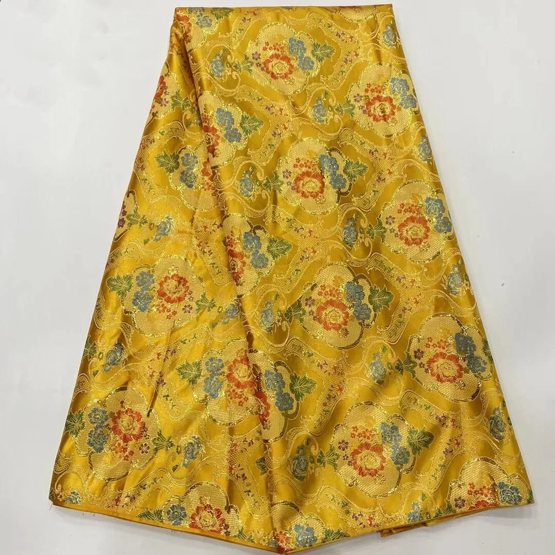 Хорошая желтая жаккардовая Кружевная Ткань 5 ярдов Африканский Дамаск цветочная