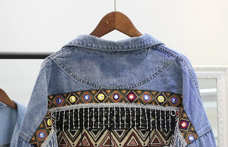 

female vintage ethnic Denim appliques Embroidery tassel loose coat long sleeve Outerwear jacket for women casaco feminino