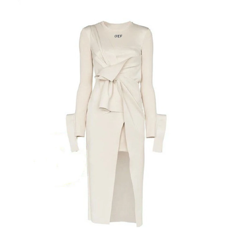 

2020 Autumn and Winter New Hong Kong Style Retro Irregular Slit Knitted Dress Temperament Waist-Controlled Long Sleeve Dress for