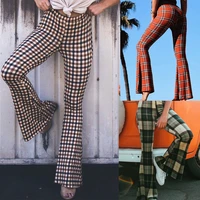 plaid flared pants womens mid waist pattern flared trousers ladies elastic waist casual checkered pants retro streetwear