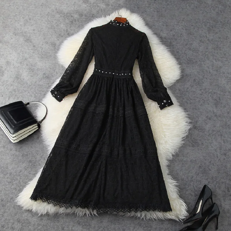 

Black 2021 new spring Dress length Slim long Nail bead dress with waist closing mesh Women Cut out lace Retro party dresses