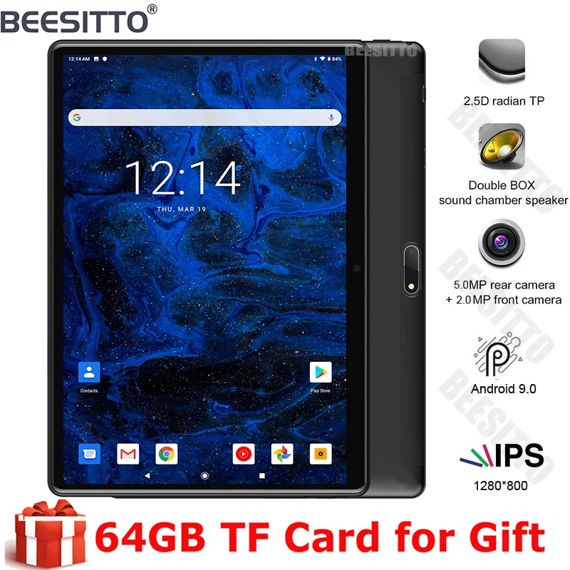 Планшетный ПК Google Android 9 0 Pie OS 10 дюймов 32 Гб ПЗУ Wi Fi GPS Bluetooth закаленный экран 2.5D