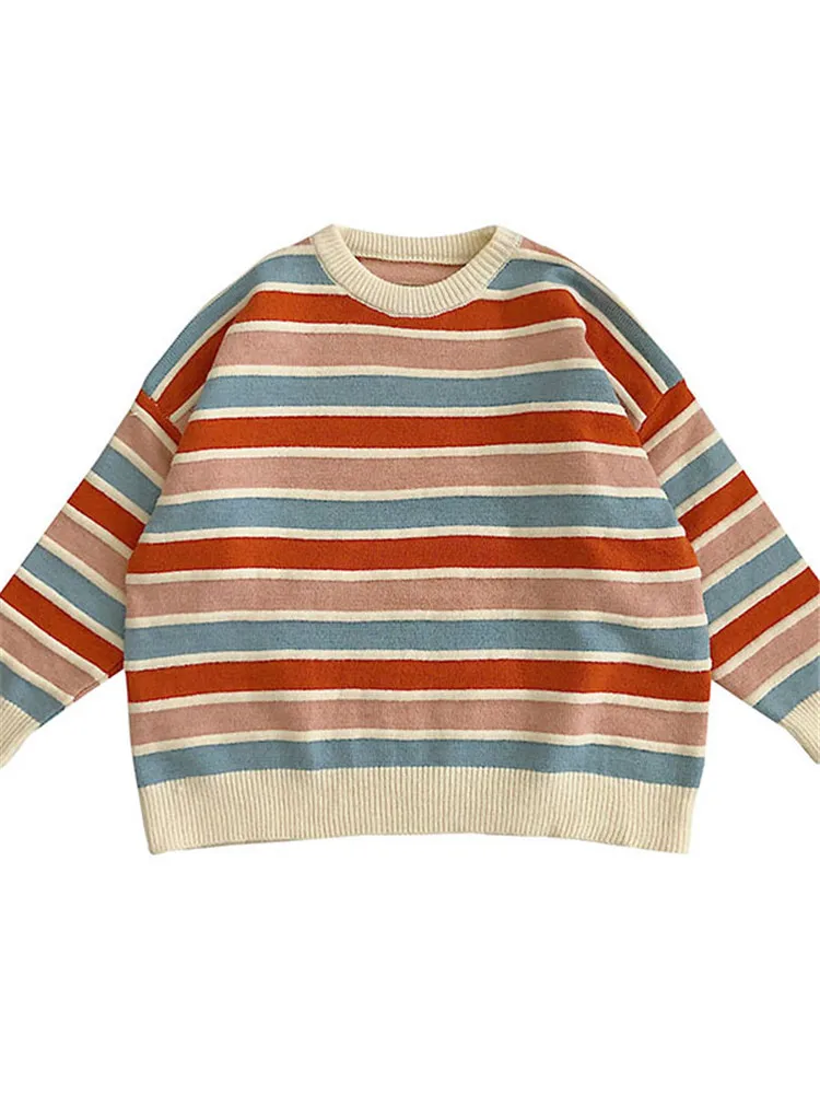 

2021 New Womens Stripe Sweater Autumn Winter Loose Long Sleeve Pullover Tops Korean Ladies Knitted Patchwork Korean Sweaters