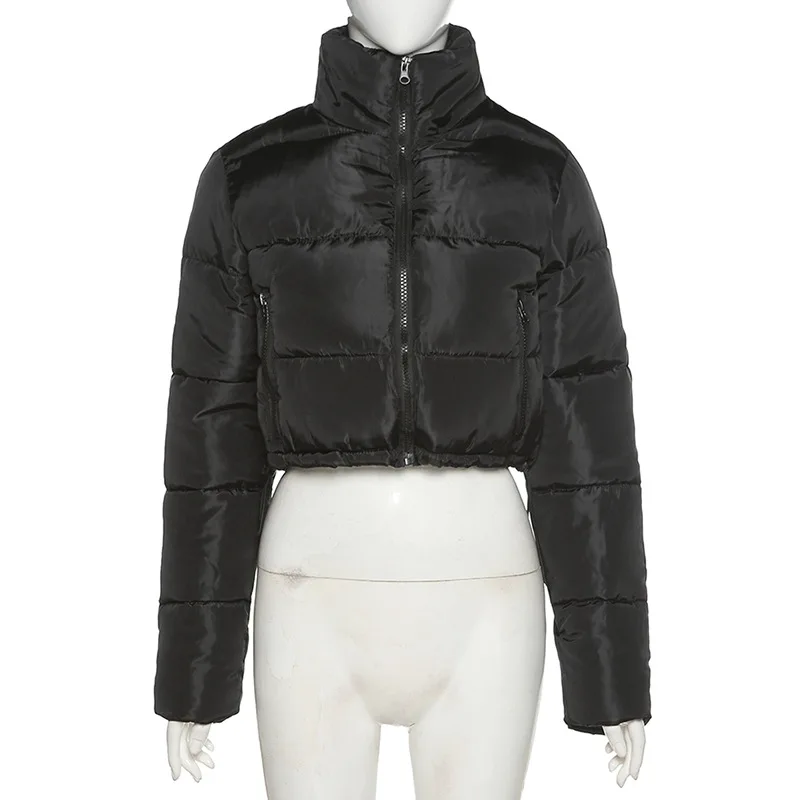 

Winter bubble coat women vintage long sleeve cropped jacket casual stand collar woman parkas solid puffer jacket black orange