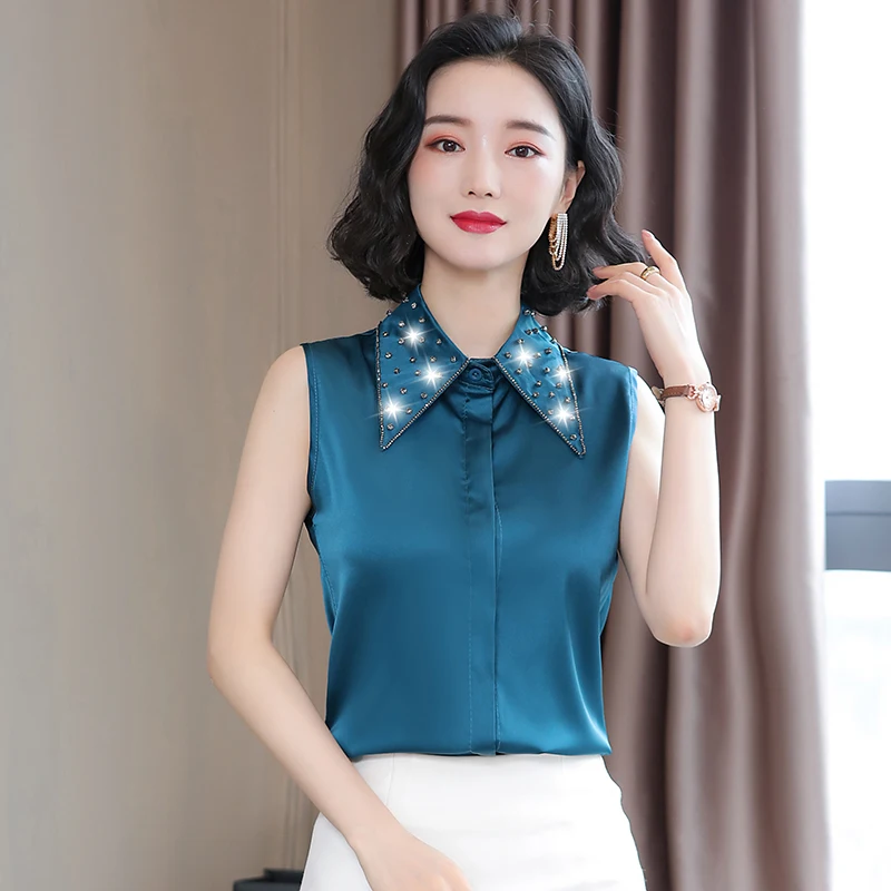 

2021 summer satin shirt sleeveless women's doll collar diamond mulberry silk small shirt silk women tops korean fashion
