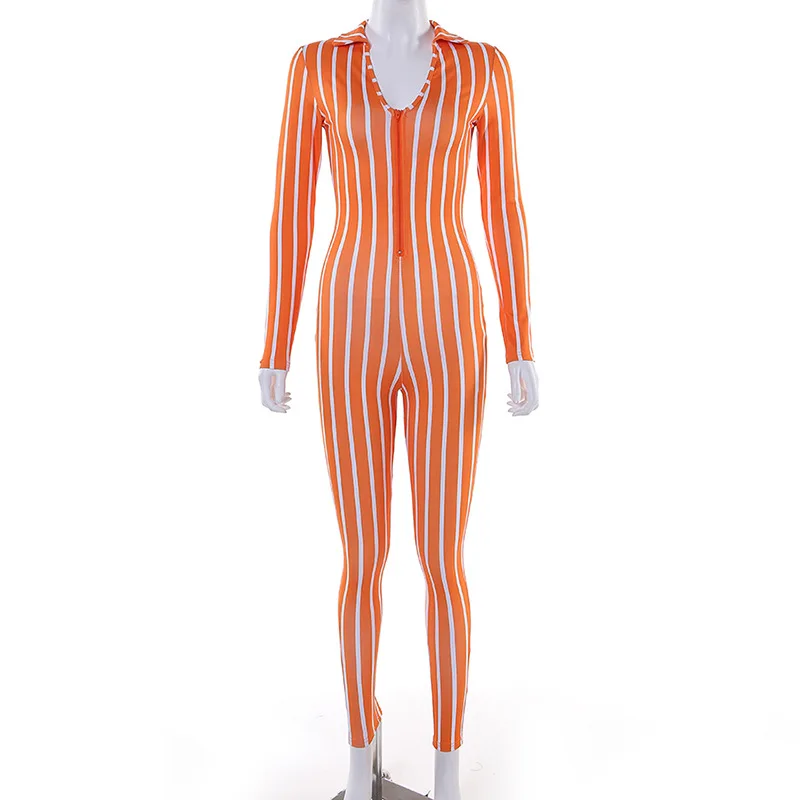 ANJAMANOR Orange Neon Striped Print Zip Long Sleeve Bodycon Jumpsuit Women One Piece Pants Sexy Club Outfits Fall 2019 D87-AD25 | Женская