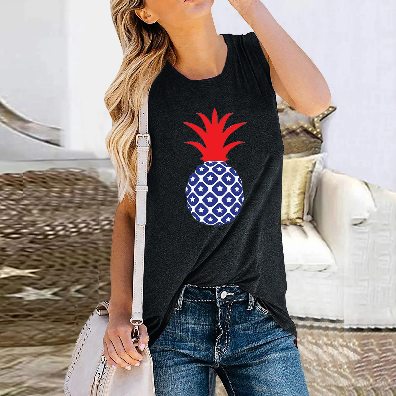

Новинка ананас майка с рисунком для женщин летний Повседневный жилет без рукавов для сохранения внешнего вида одежда ко Дню независимости ...