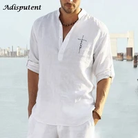 2021 long sleeve shirt linen tops sexy men clothing 2021 summer letter print casual pullover single breasted sexy mens blouse