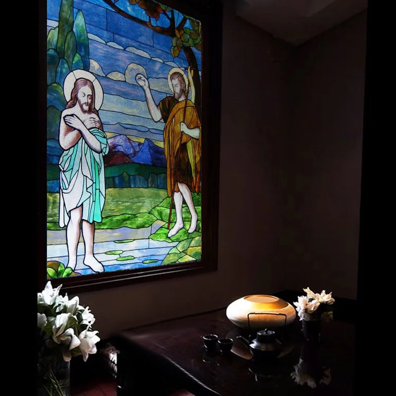 Custom Size Stained Glass Window Film Tiffany style Jesus Angel Picture Sticker Frosted Static Cling Home Church Office Decor | Дом и сад