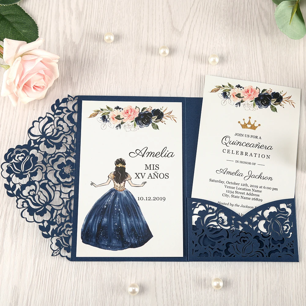 50 шт темно-синий лазерный вырез flor карманные пригласительные поздравительные