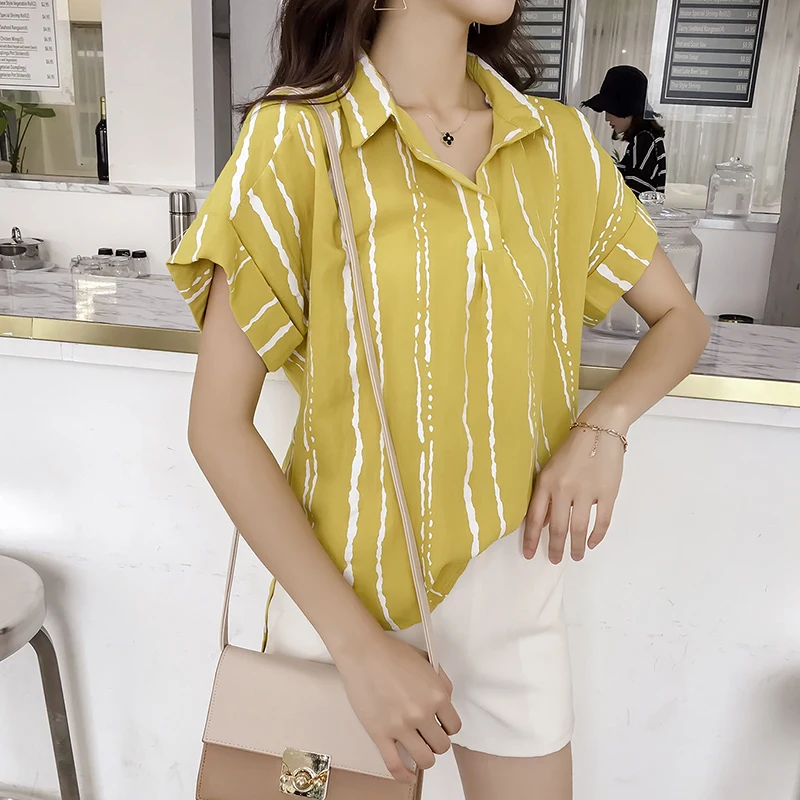 Новый Blusas Mujer De Moda Женские топы и блузки с отложным воротником в полоску женские