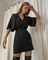 women office lady puff sleeve black party dress half sleeve sexy deep v neck solid a line mini dress 2021 summe fashion dress