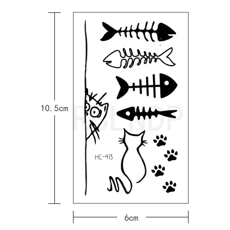 Водостойкая Временная тату-наклейка в виде рыбьей кости дизайн кошачьей лапы