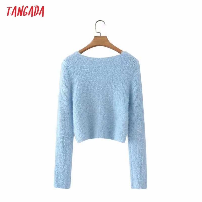 

Tangada Women 2021 Fashion Blue Crop Knitted Sweater Jumper V Neck Female Pullovers Chic Tops 2X23