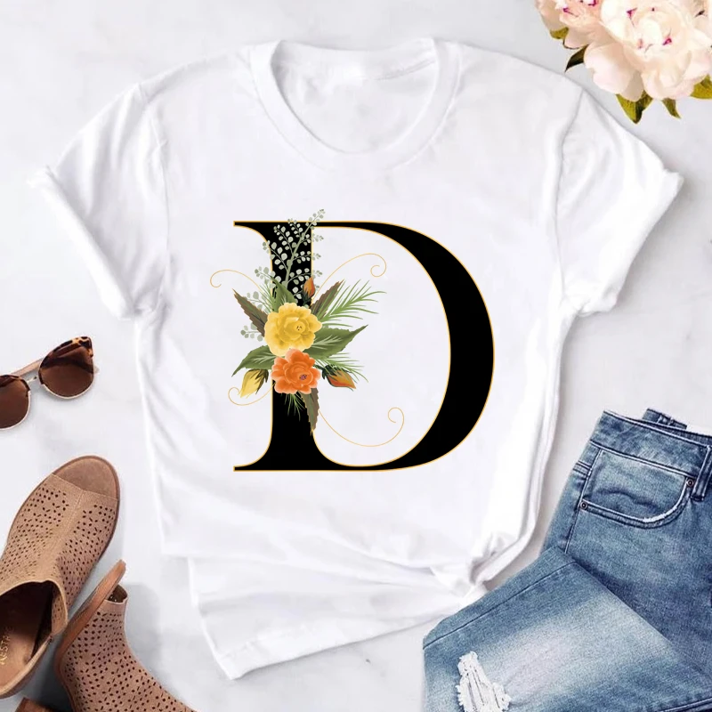 

Flower Letter Printing T-shirt for Women's Tops Casual O-neck Short Sleeve White Tshirt Women Clothes Female Graphic Tee Shirt