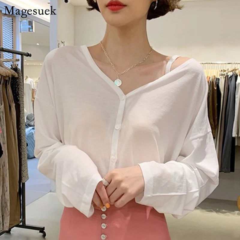 

New Arrival V-Neck Long Sleeve White Blouse Femme Cardigan SexyTop Women Off Shoulder Button Cotton Loose Shirts For Women 12187