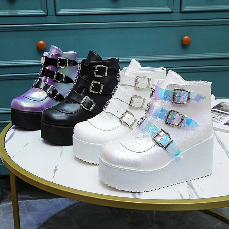 

Women Ankle Boots 2021 New Wedges High Heels Buckle Decoration Colorful Vintage Females Platform Shoes Punk Style Plus Size 43