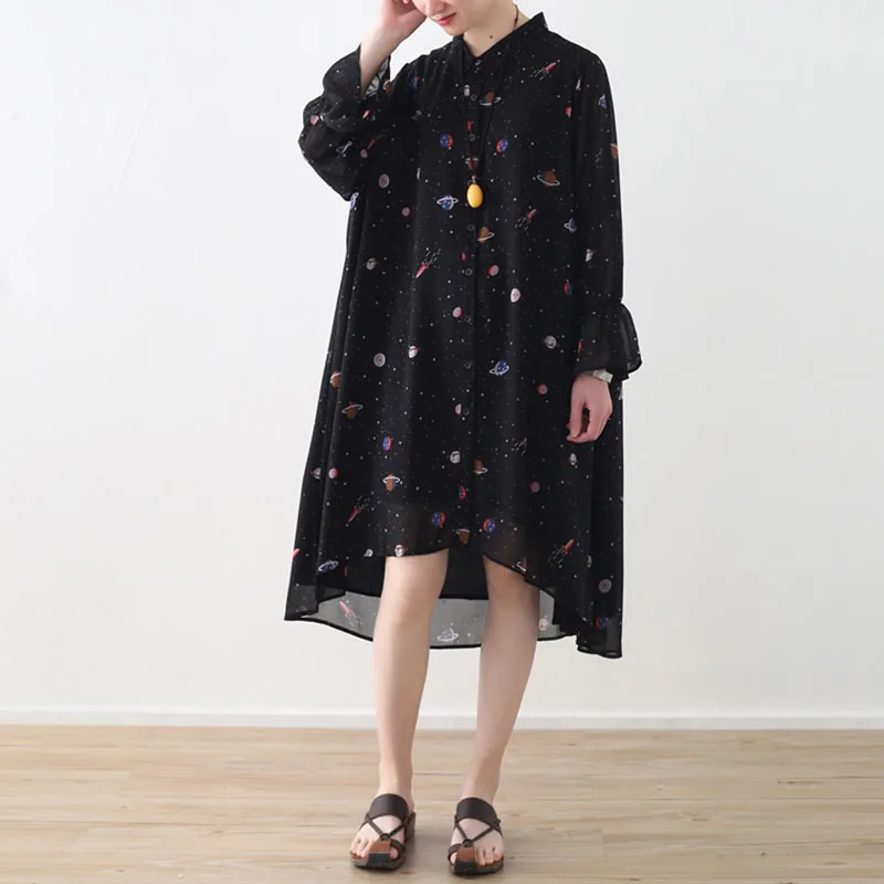 

2020women's spring autumn new horn sleeve starry chiffon floral dress large size loose Mid-length shirt long sleeve dress female