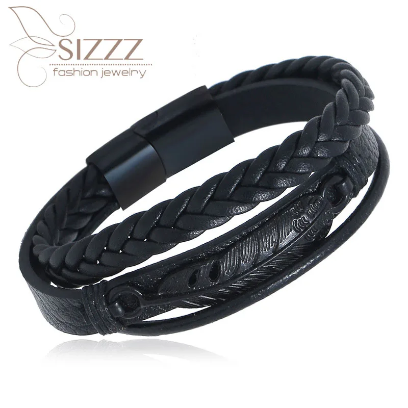 Креативный черный браслет из нержавеющей стали и кожи в европейском