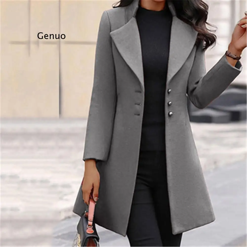 

Women Fashion Long Sleeve Woolen Coat Lapel Solid Color Long Jacket Coat Korean Version New Fall Fashion Long Cardigan