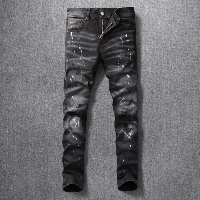 American Streetwear Fashion Men Jeans Retro Black Gray Elastic Slim Ripped Jeans Men Painted Designer Hip Hop Denim Punk Pants