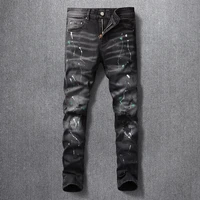 american streetwear fashion men jeans retro black gray elastic slim ripped jeans men painted designer hip hop denim punk pants