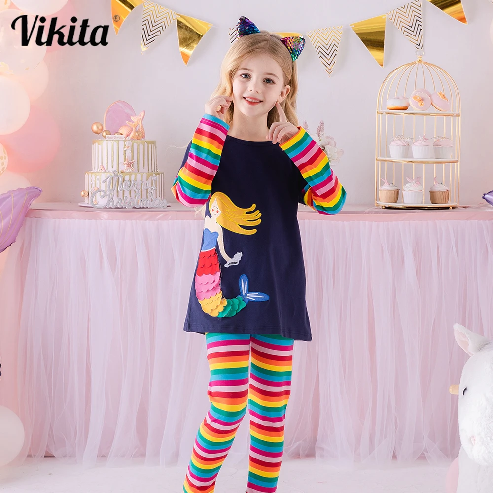 VIKITA-ropa de dormir para ni&ntilde;os peque&ntilde;os, pijama infantil de manga larga de algod&oacute;n, conjunto de pijama de rayas con arco&iacute;ris-0
