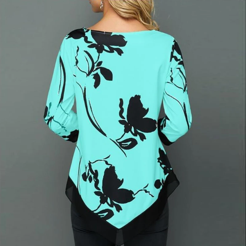 Женская блузка рубашка весна осень с принтом круглым вырезом длинным рукавом
