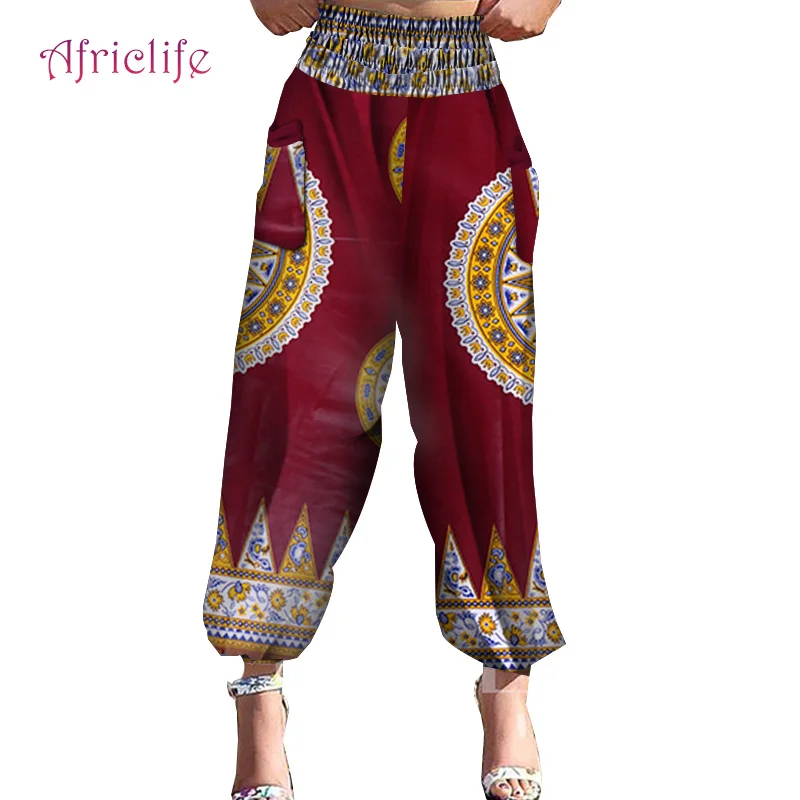 Женские хлопковые широкие брюки с эластичным поясом и восковым принтом