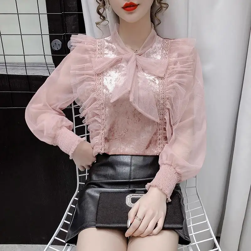 

Blouse Women 2020 Autumn Bow Lace Mesh Patchwork Top Blusas Ropa De Mujer