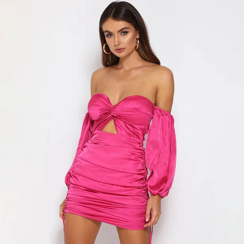 

Summer Dress Women Sexy Satin Boycon Dress Causal Dress 2021 New Off The Shoulder Mini Blue Evening Party Dress Plus Size Dress