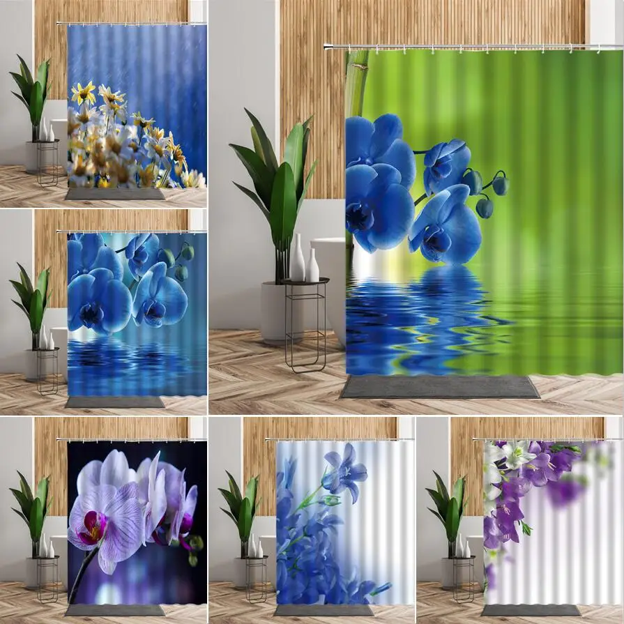 Juego de cortina de ducha con estampado de orquídeas, decoración de ventana de baño, poliéster resistente al agua, flor Natural púrpura, rojo, azul