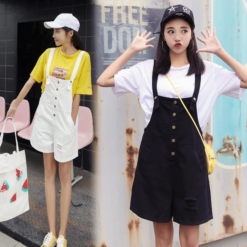 

3 Color Korean Style Ripped Women Jumpsuits Fashion Solid Color Denim Rompers For Women Casual High Waist Overalls Black White