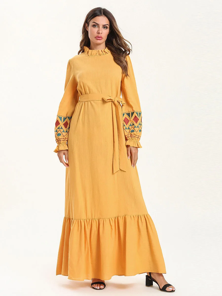 Дубай мусульманское абайя платье женская мусульманская одежда печати листьев