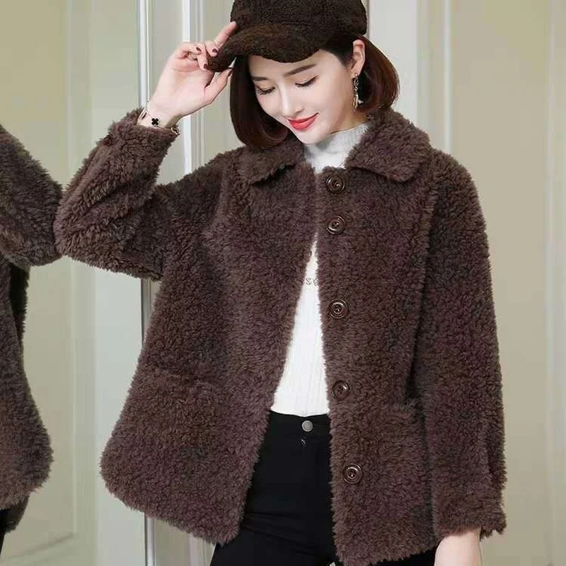 Autumn Winter Coat Women Fashion Lamb Wool Jacket Fleece Shaggy Warm Button Long Sleeve Lambswool Jackets Overcoat X369