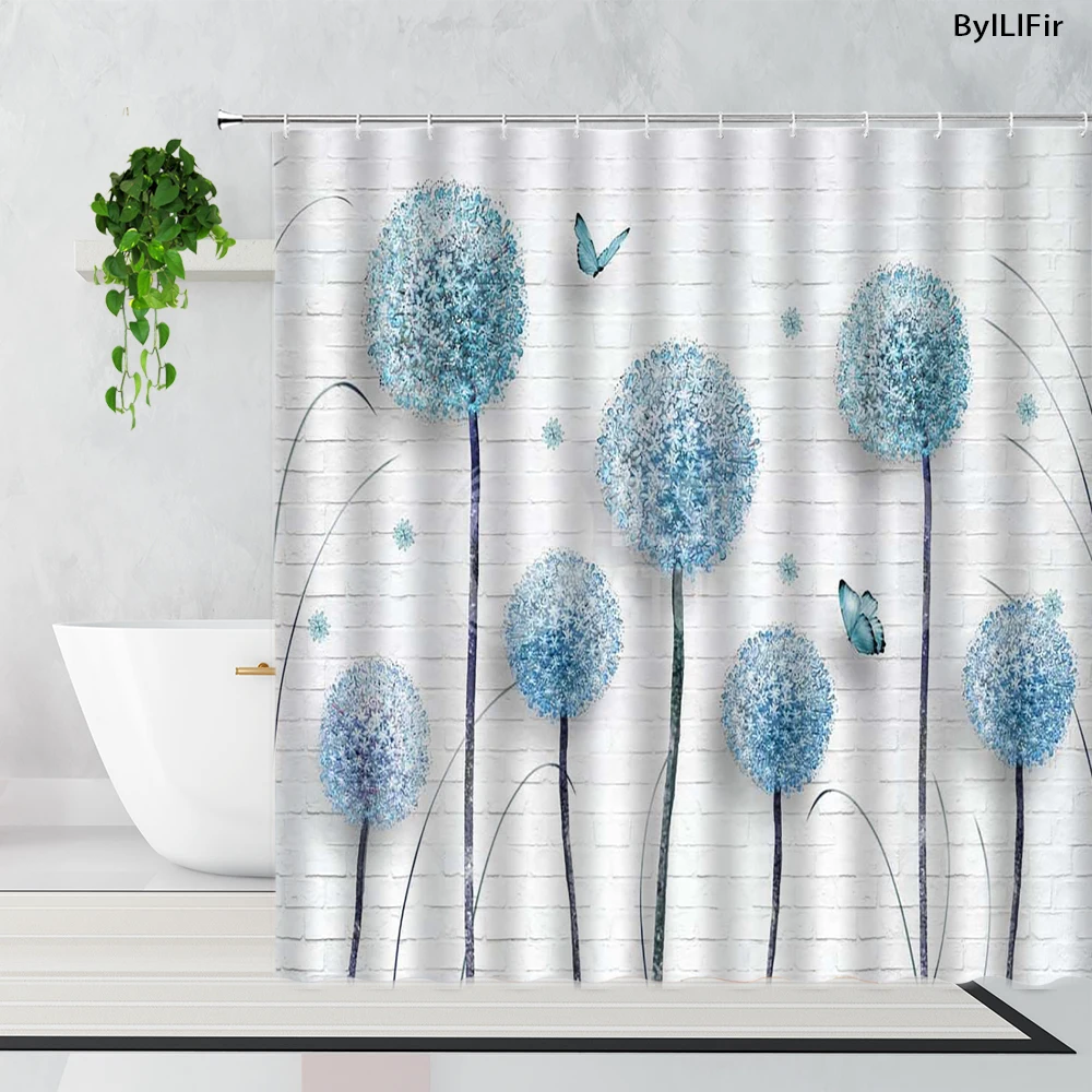 

Занавеска для душа с изображением синего одуванчика, серая кирпичная стена, Цветочная занавеска для душа с крючками, занавеска из полиэстер...