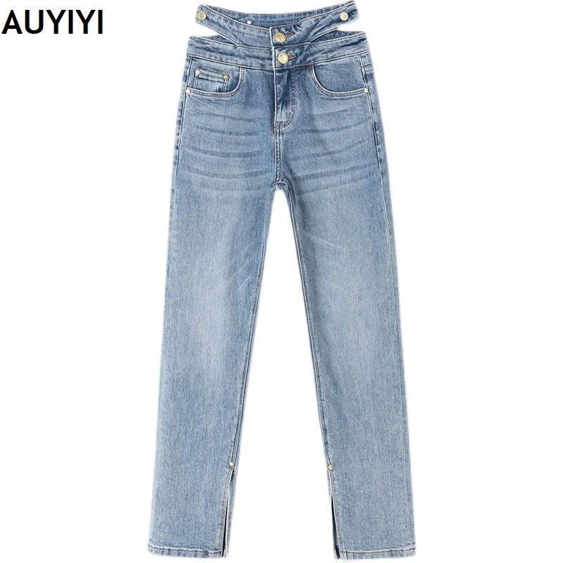 

Women's jeans women's spring 2021 new split straight leg pants slim slimming high waist elastic fashionable Korean version